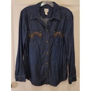 Chicos Denim Shirt Embellished Pockets Long Sleeve Button Front Size 1